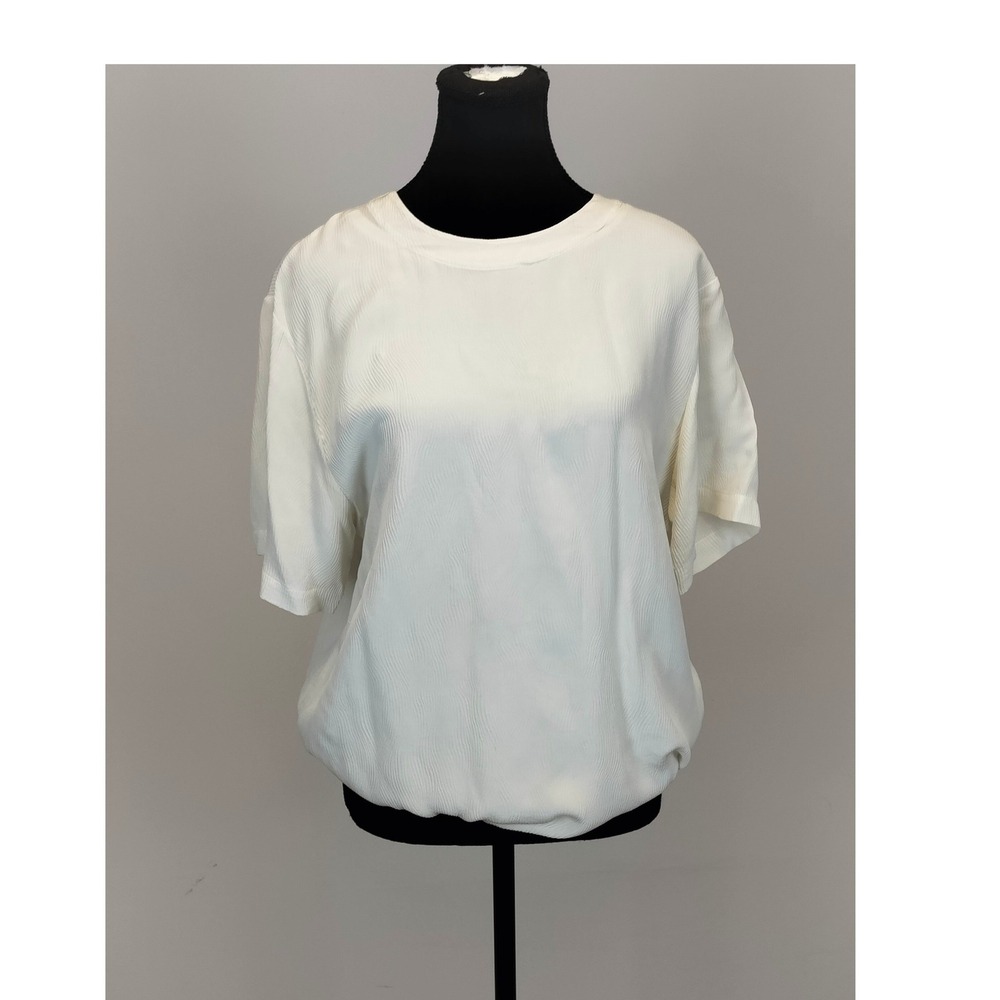 Vintage  100% Silk Ripple Texture Blouse Womens Medium Cream Short Sleeve